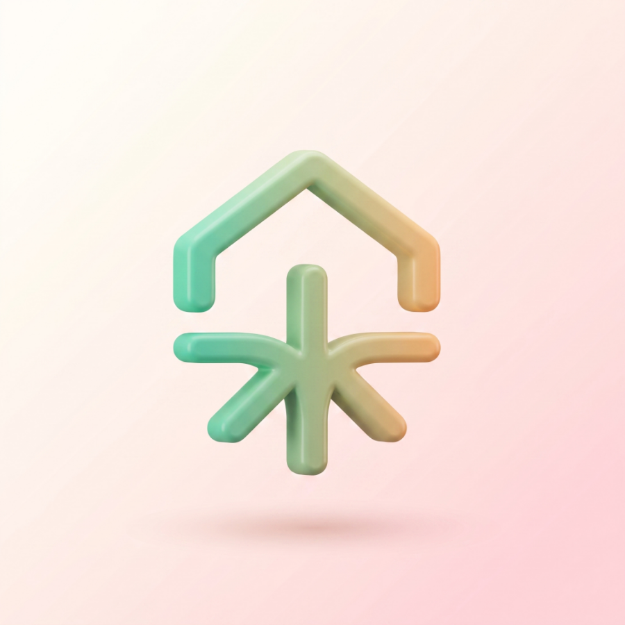The Root Rebase mark, a soft 3D roof above a six point root star